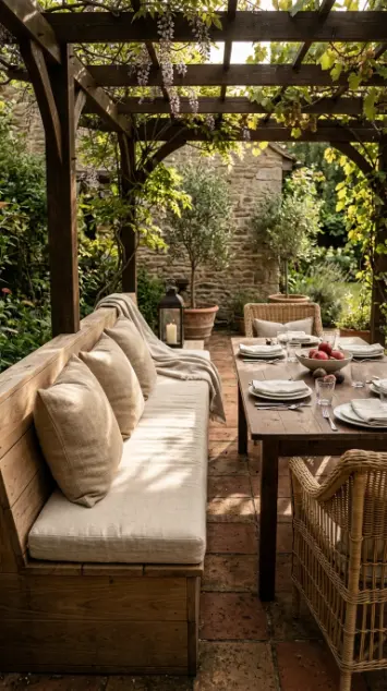 26 Outdoor Patio Ideas With a Cozy Pergola Dining Setup 18 18. Built-In Bench Seating Along the Pergola Side
