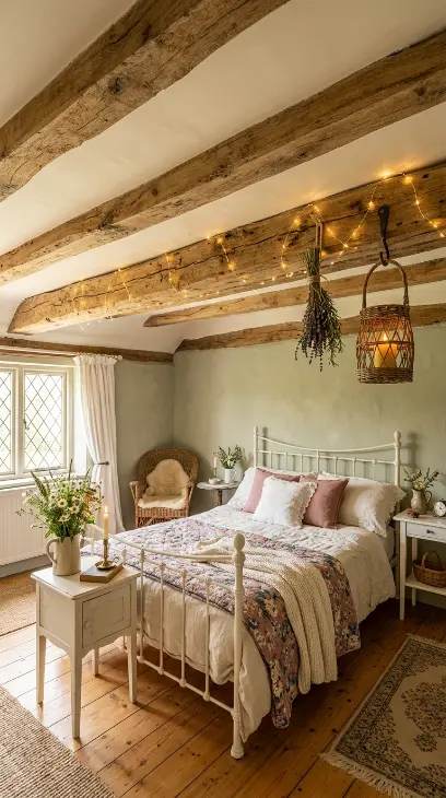 32 Cute Room Ideas for a Dreamy Cottagecore Bedroom 18 18. Cottagecore Bedroom with Exposed Wooden Ceiling Beams