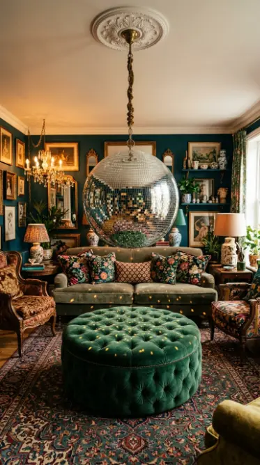 20 Bedazzled Mirror Disco Ball Living Room Maximalist Wall 18 18. Disco Ball Hanging Above a Round Ottoman Centerpiece