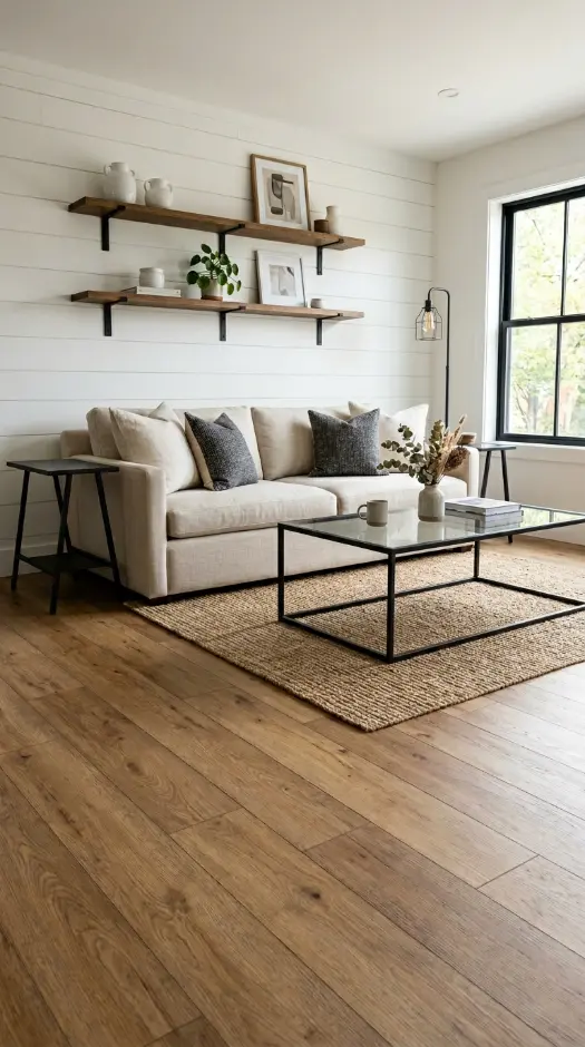 25 Affordable Farmhouse Flooring Ideas Budget Laminate Wood 18 18. Farmhouse Laminate Paired With Black Steel Accents