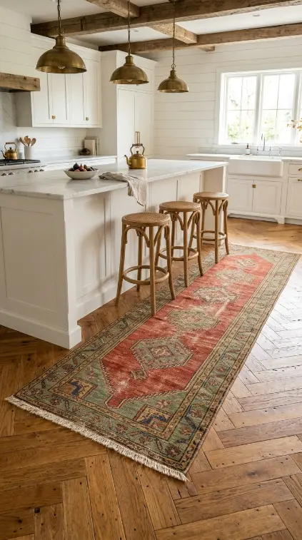 25 Kitchen Flooring Ideas for Farmhouse Herringbone Reclaimed 18 18. Herringbone Reclaimed with Vintage Persian Runner