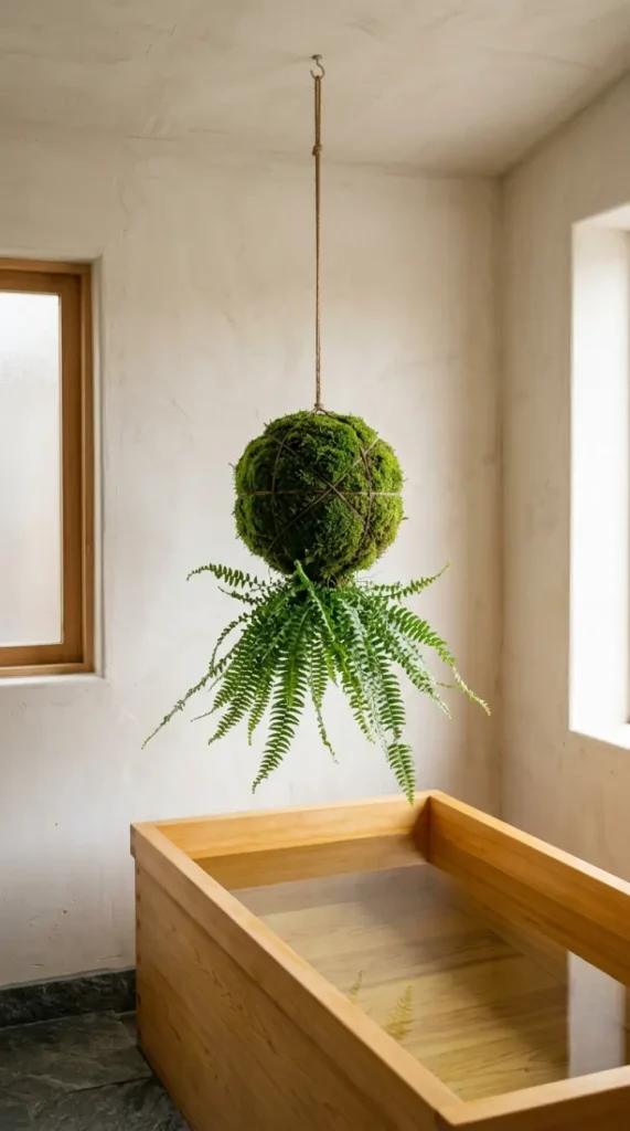 30 Bathroom Plants Decor Japandi Minimal Hinoki Tub Style 18 18. Kokedama Hanging Moss Ball Above the Tub