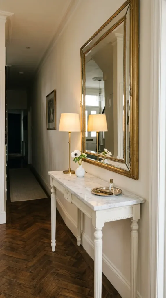26 Entryway Console Table Ideas Traditional Marble Top 18 18. Marble Top Console in a Narrow Townhouse Hallway