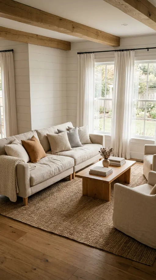 30 Modern Farmhouse Interior Design Seamless Floor Open Plan 18 18. Modern Farmhouse Open Plan — Woven Textures and Natural Linens
