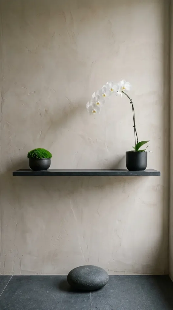 26 Bathroom Shelf Plants Decor Japandi Orchid Minimal 18 18. Orchid, Moss, and Dark Stone — Three Natural Elements