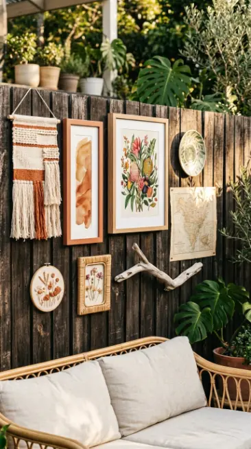 28 Outdoor Patio Ideas for a Boho Layered Living Room 18 18. Outdoor Boho Gallery Wall on a Timber Fence