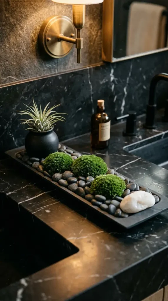 23 Bathroom Plants Decor Luxury Spa Black Marble Style 18 18. Pebble and Moss Arrangement on the Vanity as a Spa Detail