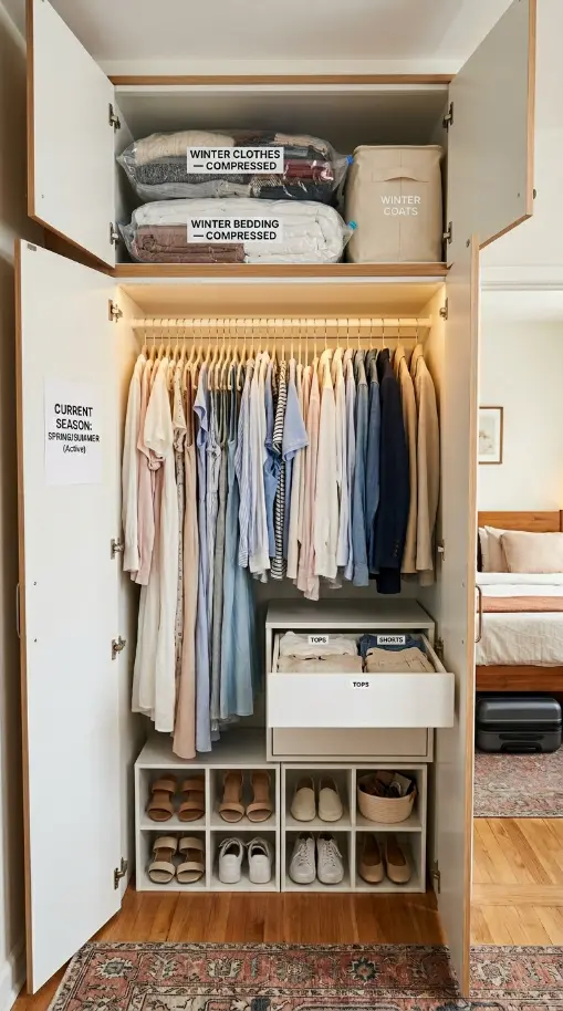 25 Small Storage Closet Organization Tiny Apartment Ideas 18 18. Seasonal Rotation System — Spring/Summer and Autumn/Winter Swap