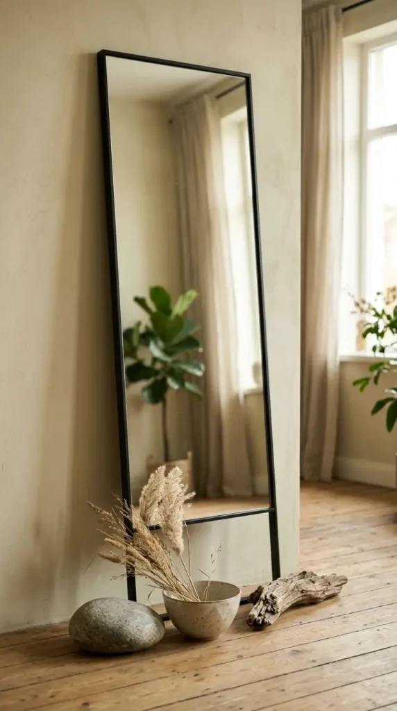 25 Full Length Mirror Living Room Slim Black Frame Minimal 18 18. Styled With Wabi Sabi Accessories at Its Base