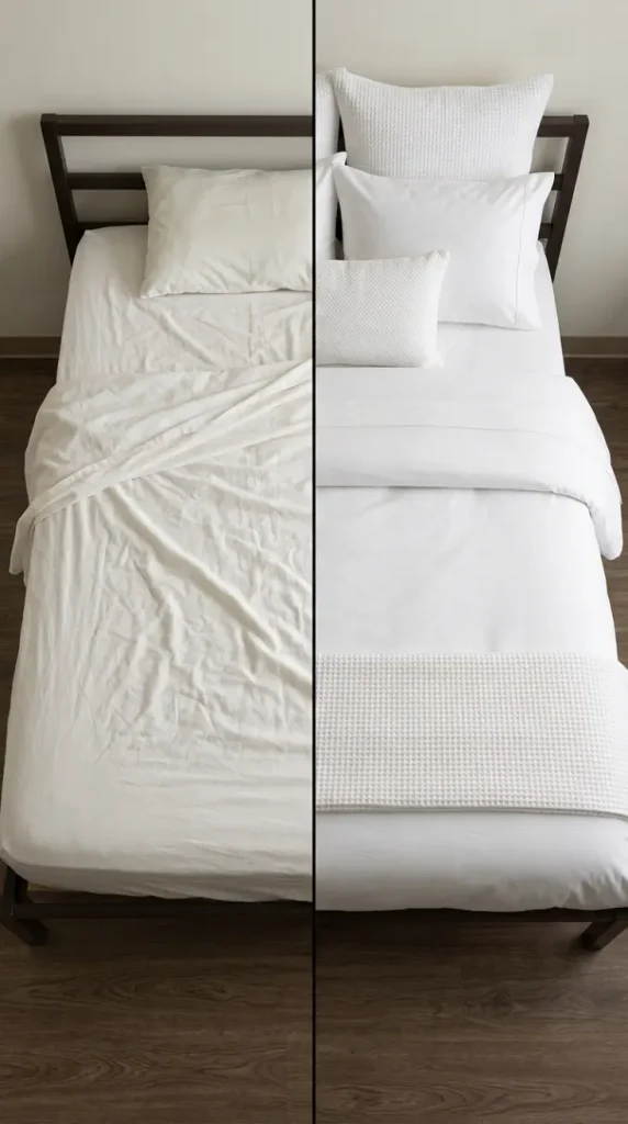 24 Dorm Bedding Ideas Clean White Minimal Luxe Hotel Style 18 18. The Before and After Dorm-Issue to Hotel Transformation — Demonstrated Impact