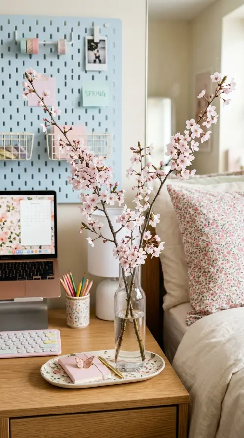 24 College Bedroom Ideas Pastel Girly Aesthetic Dreamy Style 18 18. The Seasonal Spring Cherry Blossom Styling — Temporary Decor Refresh