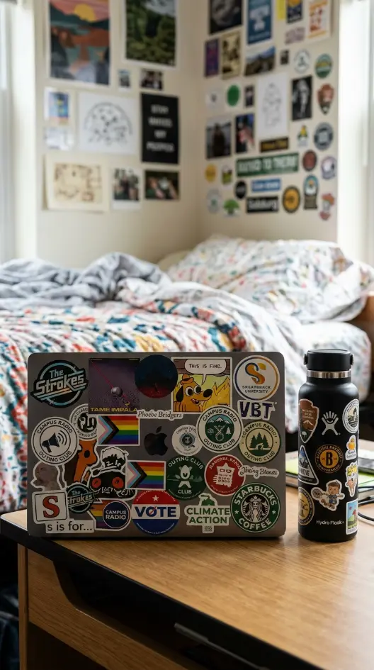 26 Dorm Bed Inspo Maximalist Gallery Wall Twin XL Style 18 18. The Sticker-Covered Laptop and Water Bottle Extension — Personal Object Density
