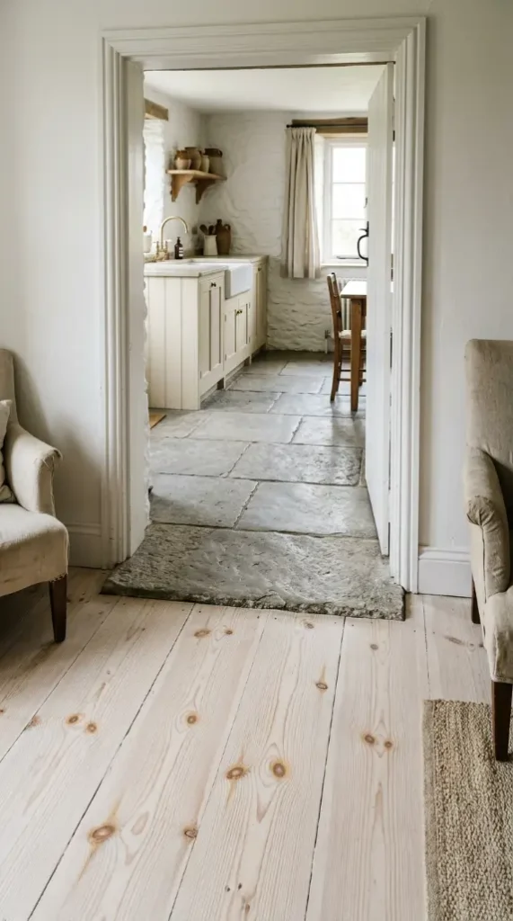 27 Light Wood Flooring for Farmhouse Whitewashed Pine Style 18 18. Whitewashed Pine with Stone and Timber — Material Contrast
