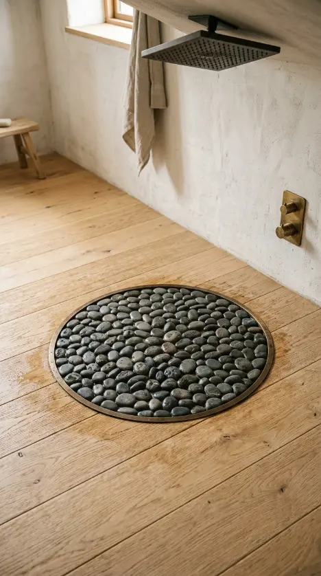 26 Light Wood Flooring for Farmhouse Wire-Brushed Oak Bath 18 18. Wire-Brushed Oak Floor With a Rainfall Shower and Pebble Drainage