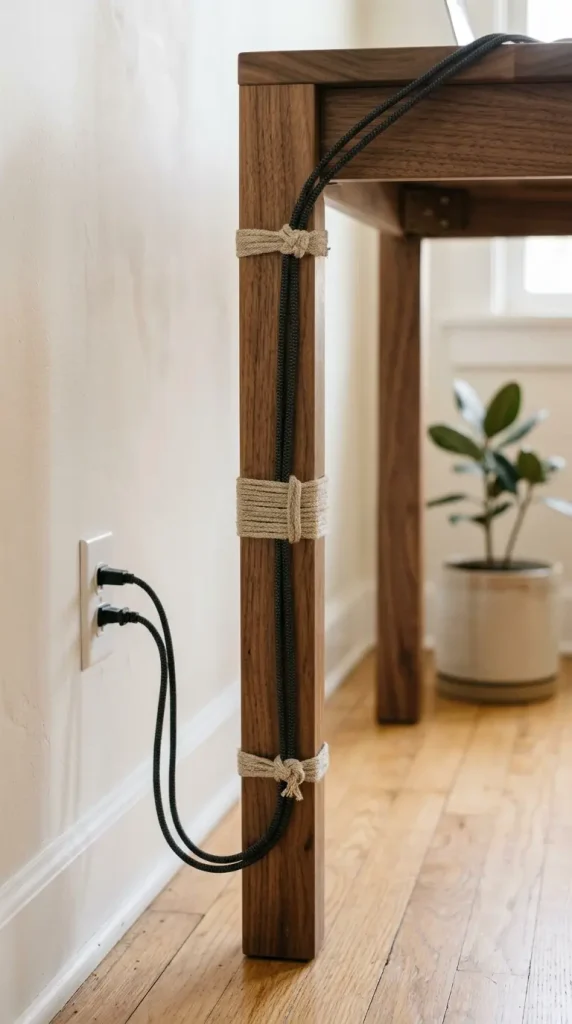 26 Cozy Home Office Warm Wood Linen Neutral Style Ideas 19 19. A Linen Cord-Wrapped Cable Management System