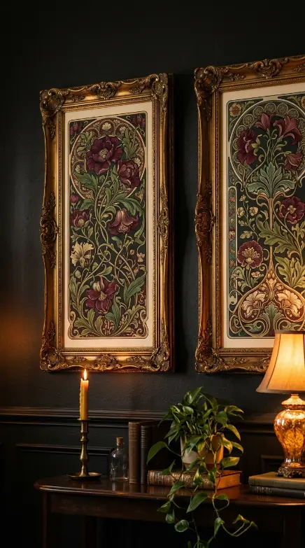 20 Vintage Home Aesthetic Glamouratti Moody Apartment 19 19. Art Nouveau or Victorian Botanical Prints in Ornate Dark Frames
