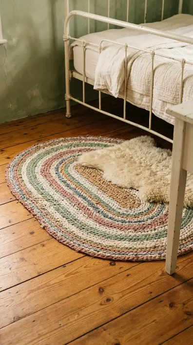 32 Cute Room Ideas for a Dreamy Cottagecore Bedroom 19 19. Cottagecore Rag Rug or Vintage Woven Rug on Pine Floor