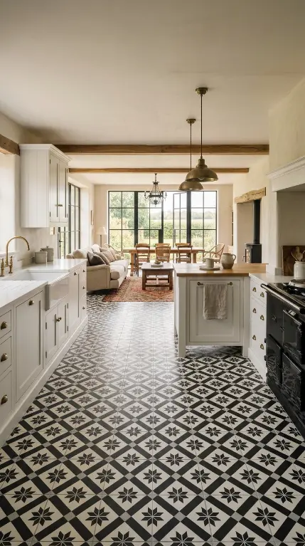 26 Kitchen Flooring Ideas for Farmhouse Black White Encaustic 19 19. Encaustic Floor With Open Plan Kitchen and Living Zone