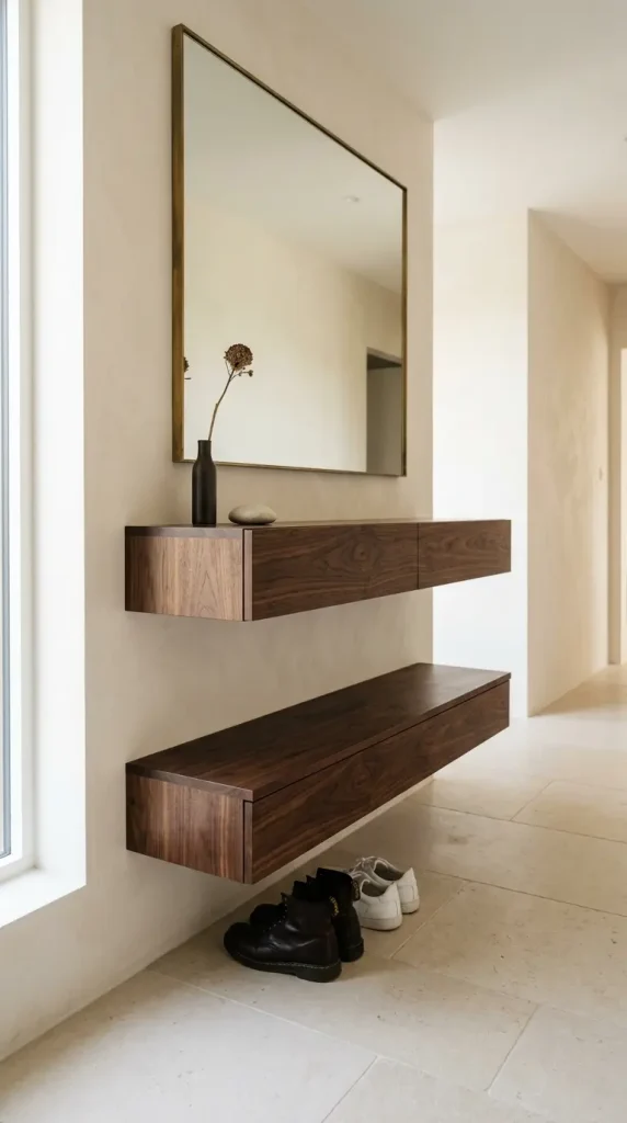 31 Entryway Console Table Ideas Modern Minimal Floating 19 19. Floating Console Paired With a Bench Below