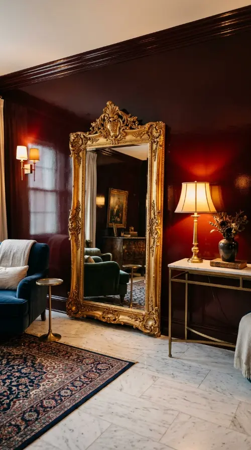 22 Full Length Mirror Living Room Baroque Gold Dramatic 19 19. In a Living Room With Dark Lacquered Walls and Marble Details
