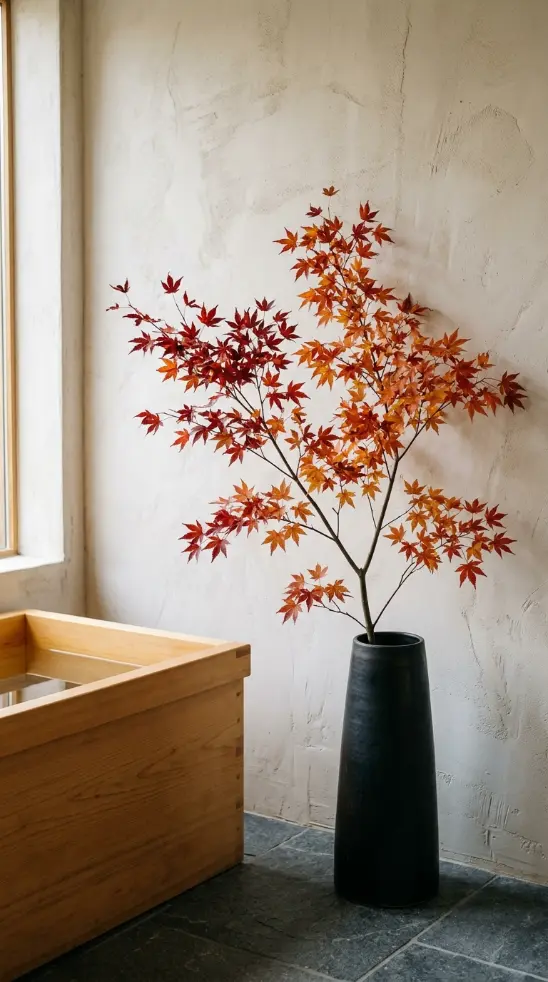 30 Bathroom Plants Decor Japandi Minimal Hinoki Tub Style 19 19. Japanese Maple Branch in a Dark Ceramic Vessel