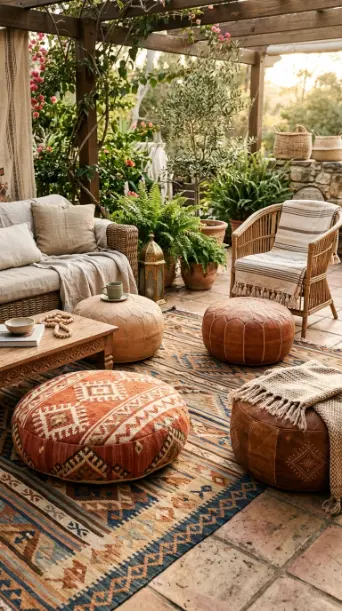 28 Outdoor Patio Ideas for a Boho Layered Living Room 19 19. Large Floor Cushions and Poufs as Flexible Seating