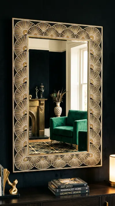 20 Bedazzled Mirror Disco Ball Living Room Maximalist Wall 19 19. Mirror Wall Bedazzled With Rhinestones in an Art Deco Fan Motif