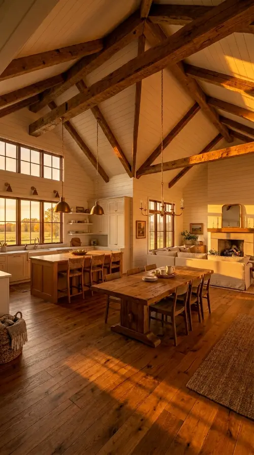 30 Modern Farmhouse Interior Design Seamless Floor Open Plan 19 19. Modern Farmhouse Open Plan at Golden Hour
