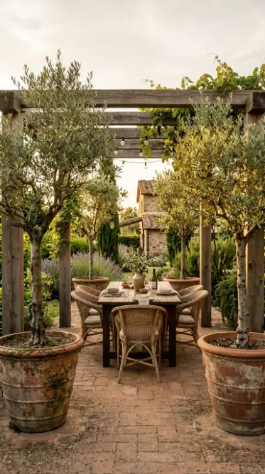 26 Outdoor Patio Ideas With a Cozy Pergola Dining Setup 19 19. Potted Olive Trees at the Pergola Corners