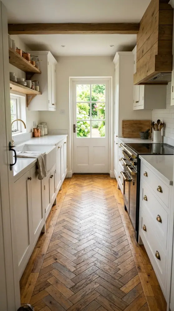 25 Kitchen Flooring Ideas for Farmhouse Herringbone Reclaimed 19 19. Reclaimed Herringbone in a Galley Farmhouse Kitchen