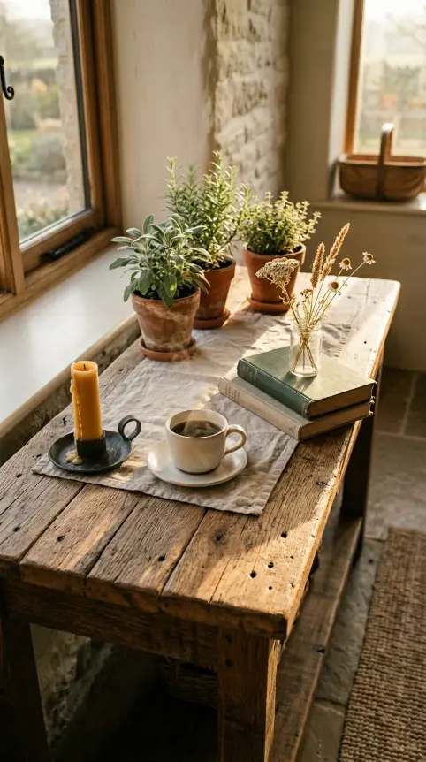26 Console Table Styling Reclaimed Wood Rustic Farmhouse 19 19. Reclaimed Wood Console Morning Light — The Daily Ritual Moment
