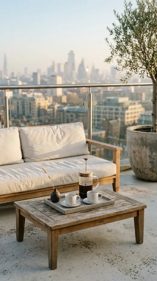 26 Minimal Outdoor Living Space Design for a Rooftop Terrace 19 19. Rooftop Terrace Morning Ritual — Minimal Coffee Setup