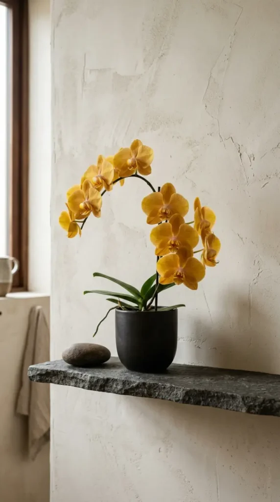 26 Bathroom Shelf Plants Decor Japandi Orchid Minimal 19 19. Shelf with Yellow Phalaenopsis — Warm Color Note