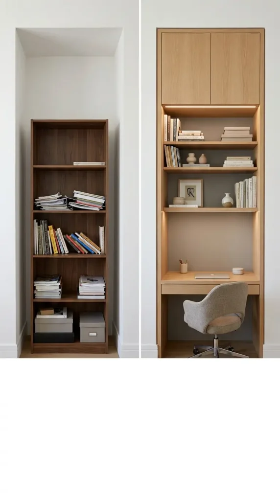 22 Home Office Inspiration Built-In Alcove Maximized 19 19. The Before-and-After Wasted Alcove Transformation — Demonstrated Conversion Impact