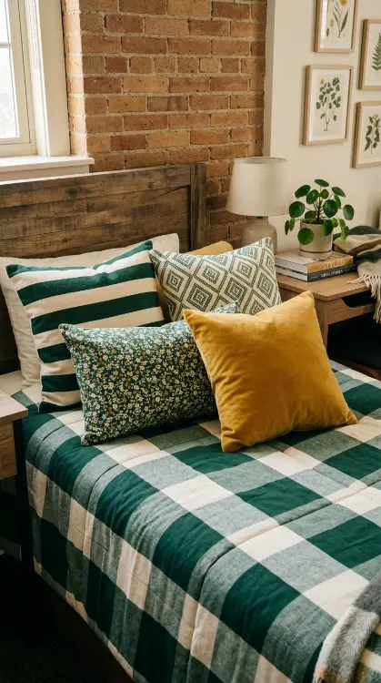 26 Dorm Bed Inspo Maximalist Gallery Wall Twin XL Style 19 19. The Layered Throw Pillow Pattern Mix — Controlled Bed-Level Maximalism