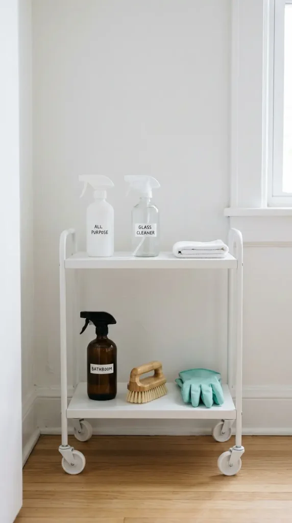 27 Cleaning Closet Organization Tiered Rolling Cart Ideas 19 19. The Minimalist Two-Tier Cart — Editing to the Essentials