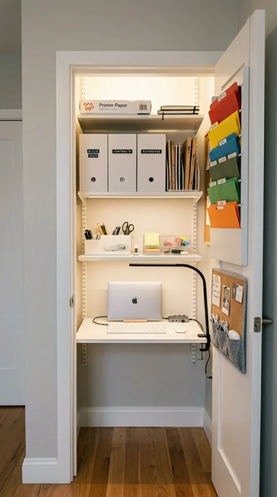 25 Small Storage Closet Organization Tiny Apartment Ideas 19 19. The Office Supply and Paper Closet — Tiny Apartment Home Office Storage