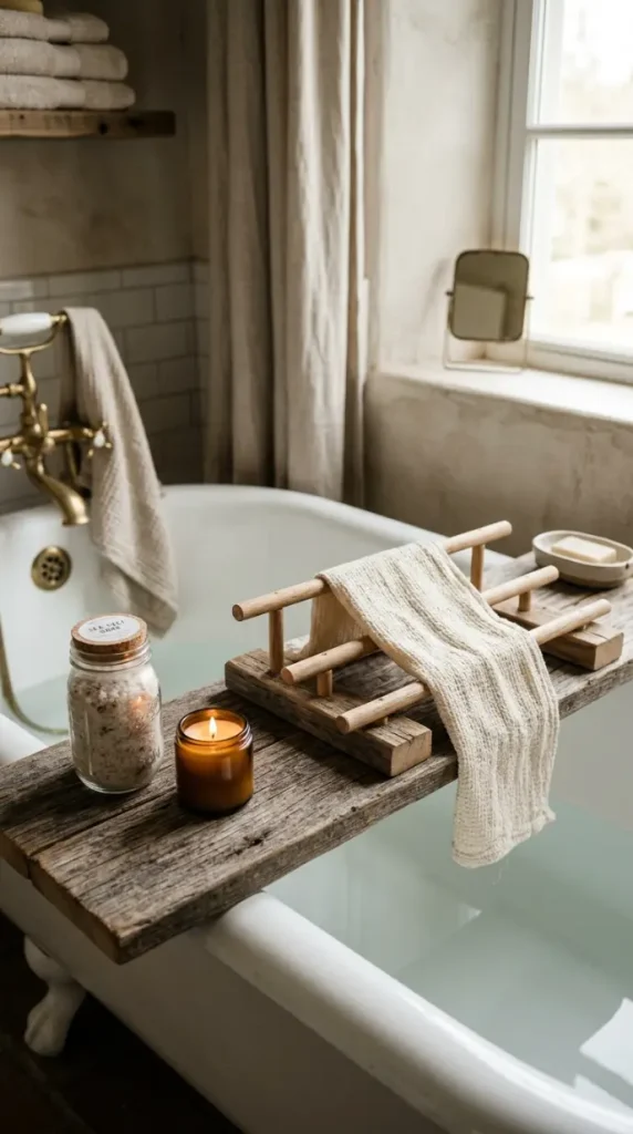 24 Rustic Bathtub Tray Ideas with Reclaimed Farmhouse Wood 19 19. The Reclaimed Wood Tray Drying Rack Combination — Multi-Function Bath Furniture