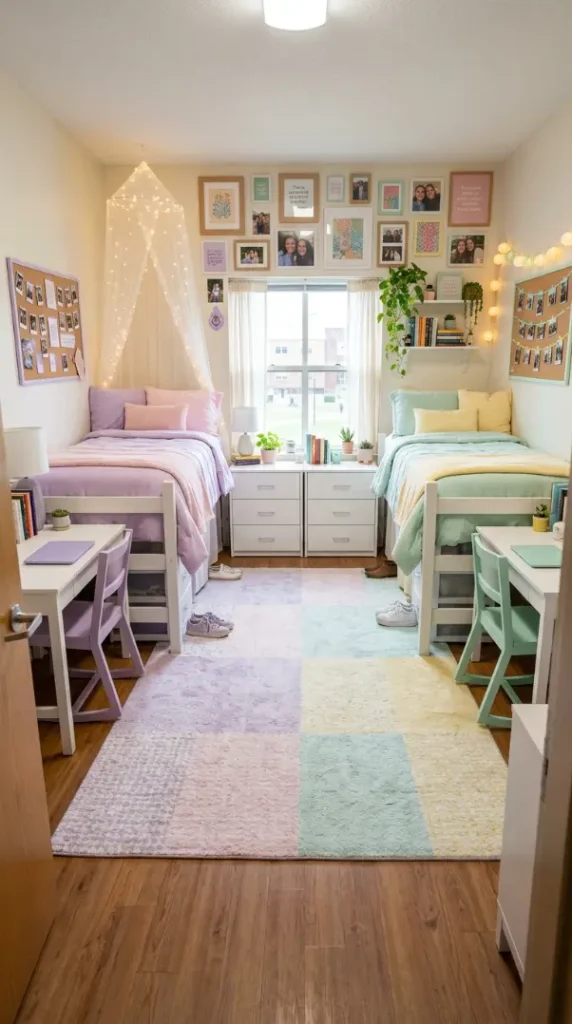 24 College Bedroom Ideas Pastel Girly Aesthetic Dreamy Style 19 19. The Roommate Shared Space Color Negotiation — Coordinated Dual-Aesthetic Solution