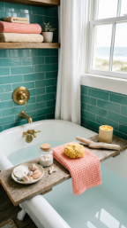 24 Small Bathroom Decor with Bathtub Caddies Vintage Pastel 19 19. The Seafoam and Coral Beach Cottage Variant — Coastal Pastel Twist