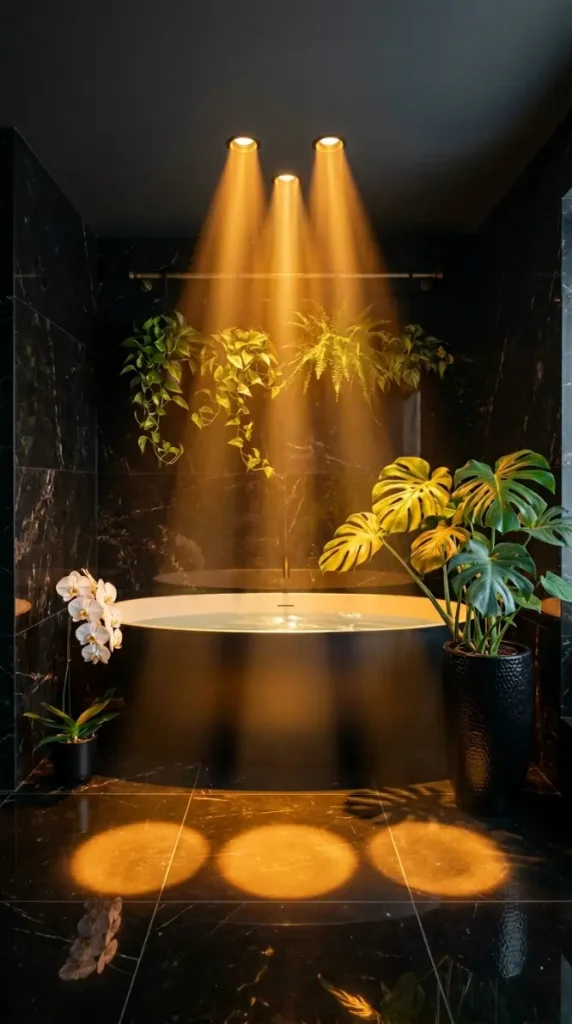 23 Bathroom Plants Decor Luxury Spa Black Marble Style 19 19. Warm Amber Recessed Lighting Over the Bath Zone