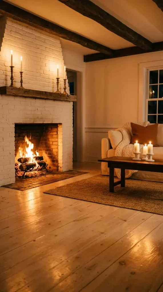27 Light Wood Flooring for Farmhouse Whitewashed Pine Style 19 19. Whitewashed Pine in Winter — Candlelight Evening Scene