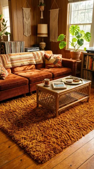 12 Vintage Home Decor Ideas 1970s Earthy Maximalist 2 2. A Shag Rug as the Rooms Textural Foundation