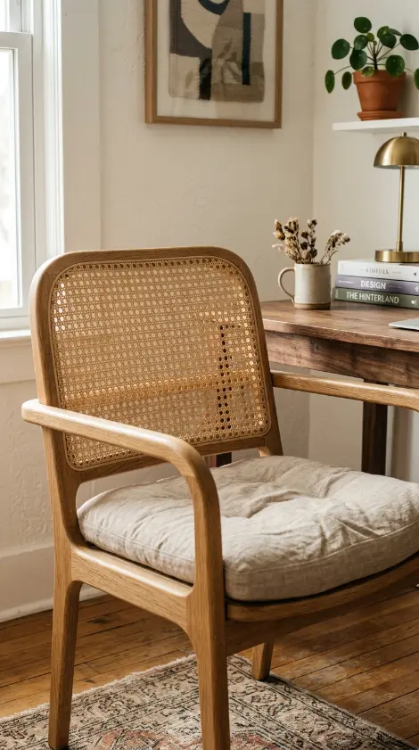 26 Cozy Home Office Warm Wood Linen Neutral Style Ideas 2 2. A Wood-Framed Chair With Woven Cane and Linen Cushion