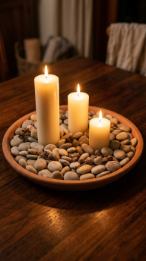 16 Table Candle Decor Earthy Pillar Cluster Clay Tray 2 2. Add River Pebbles Around the Pillar Base on the Clay Tray