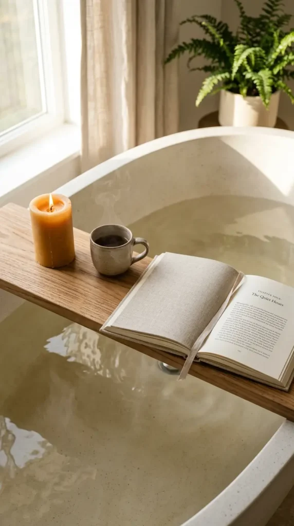 18 Bath Tub Decor Ideas Freestanding Tray Quiet Luxury 2 2. Add a Linen Covered Book to the Teak Tray for a Reading Bath