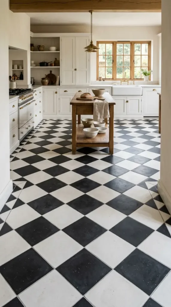 26 Kitchen Flooring Ideas for Farmhouse Black White Encaustic 2 2. Bold Chequerboard Encaustic in Large Format