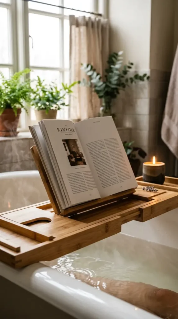 16 Rustic Bathtub Tray Ideas for a Spa Style Bamboo Tub 2 2. Built-In Book Rest at a Reading Angle