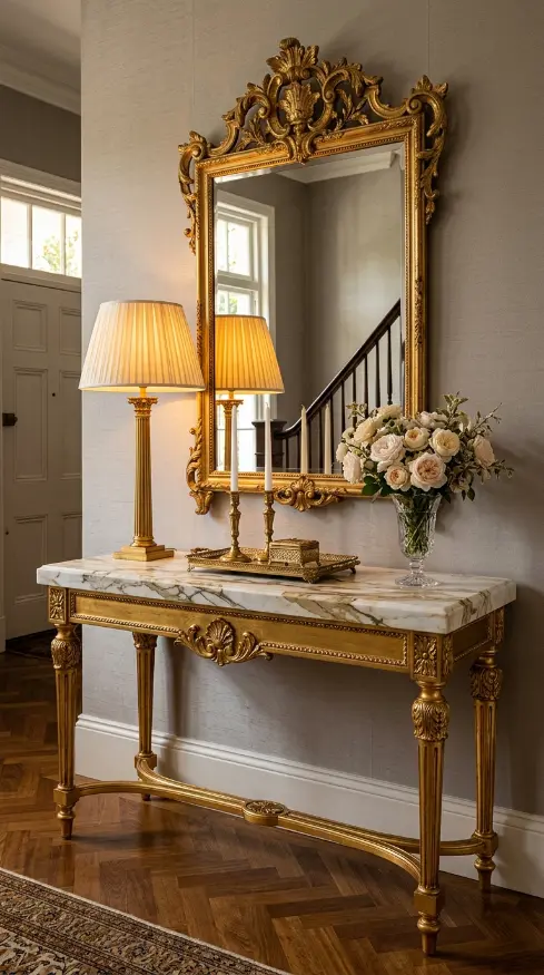 26 Entryway Console Table Ideas Traditional Marble Top 2 2. Calacatta Gold Marble Top With Gilded Console Base