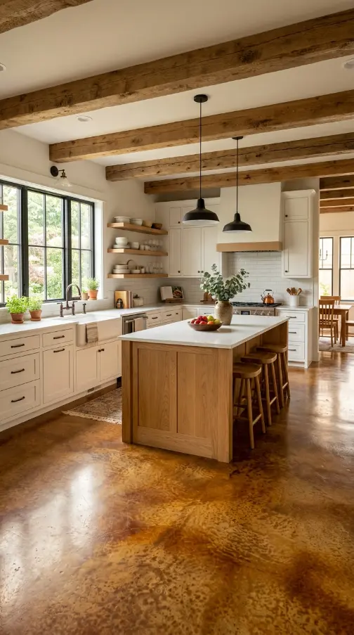 9 Affordable Farmhouse Flooring Ideas Stained Concrete 2 2. Choose Warm Walnut or Honey Brown as the Foundation Stain Color